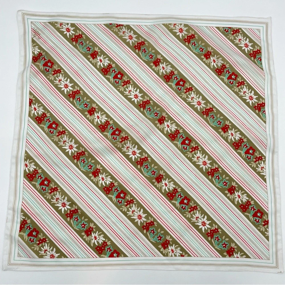 Vintage Scarf Floral Stripes‎ Olive Green White Red Teal Square Retro 70s 80s